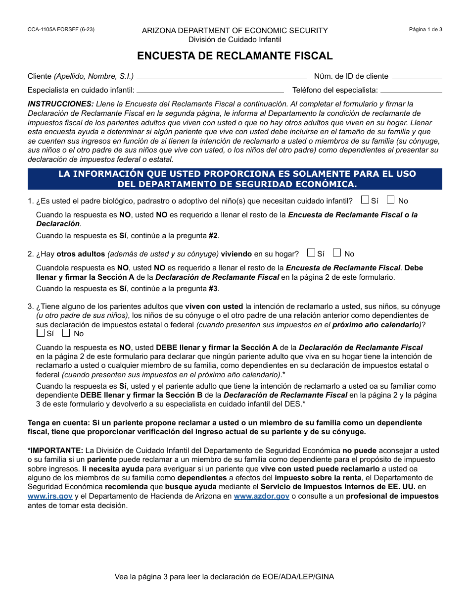 Formulario CCA-1105A-S Encuesta De Reclamante Fiscal - Arizona (Spanish), Page 1