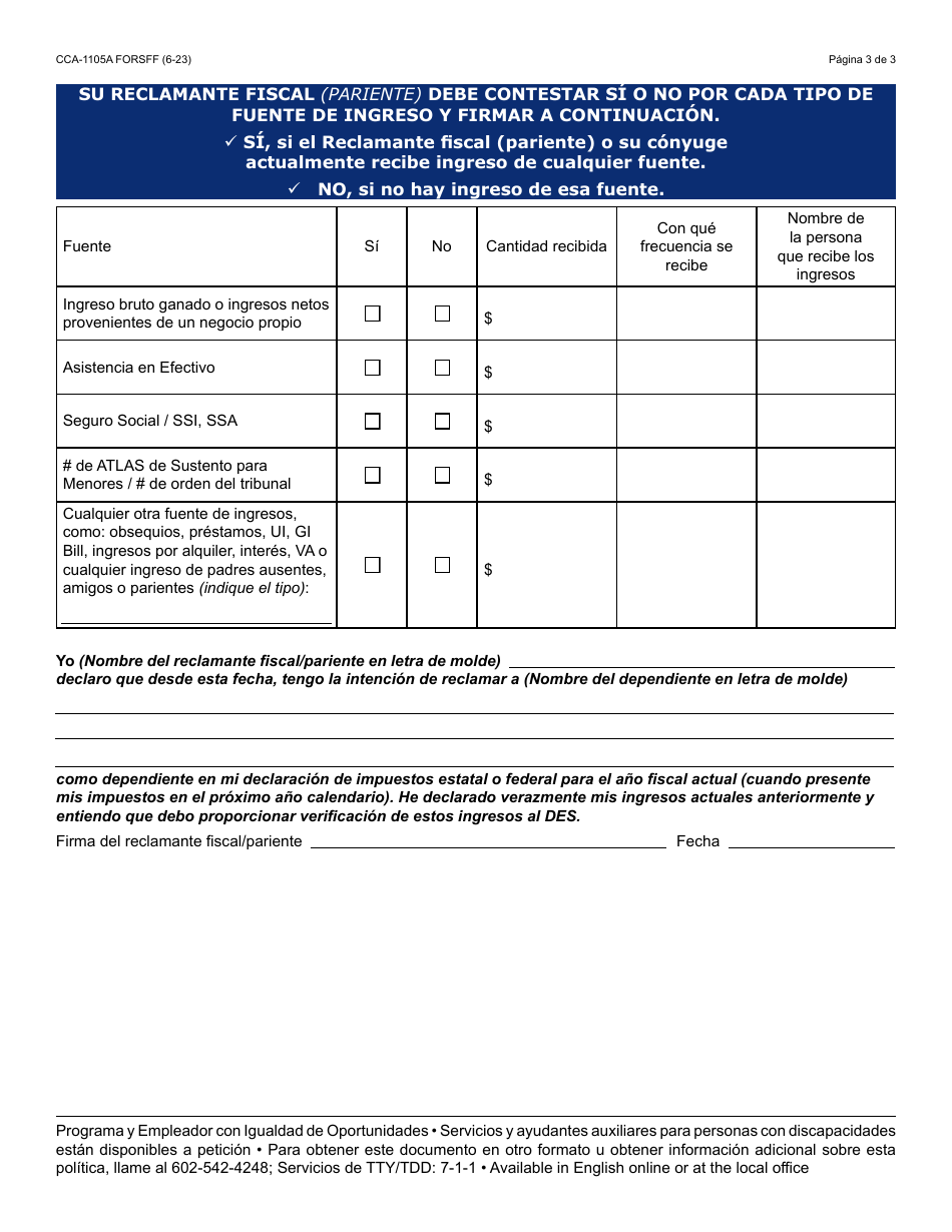 Formulario CCA-1105A-S Encuesta De Reclamante Fiscal - Arizona (Spanish), Page 3