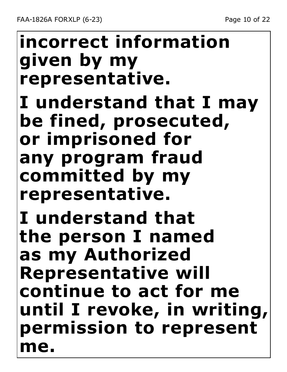 Form FAA-1826A-XLP Nutrition Assistance (Na) Authorized Representative Request (Extra Large Print) - Arizona, Page 10