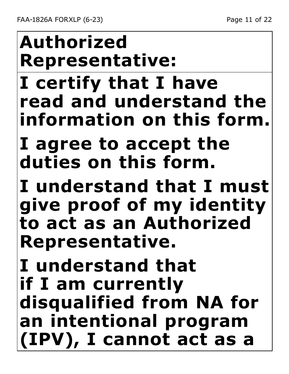 Form FAA-1826A-XLP Nutrition Assistance (Na) Authorized Representative Request (Extra Large Print) - Arizona, Page 11