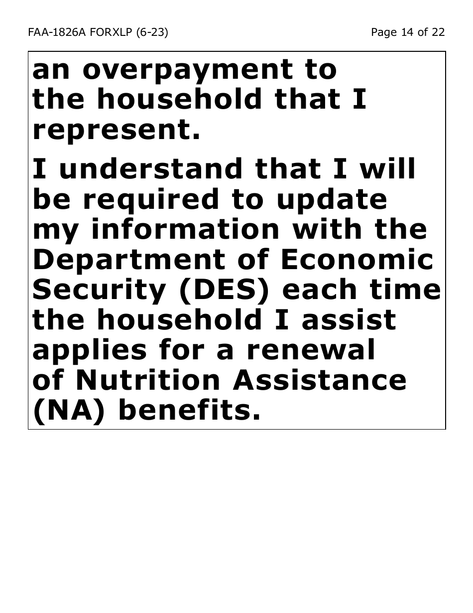 Form FAA-1826A-XLP Nutrition Assistance (Na) Authorized Representative Request (Extra Large Print) - Arizona, Page 14