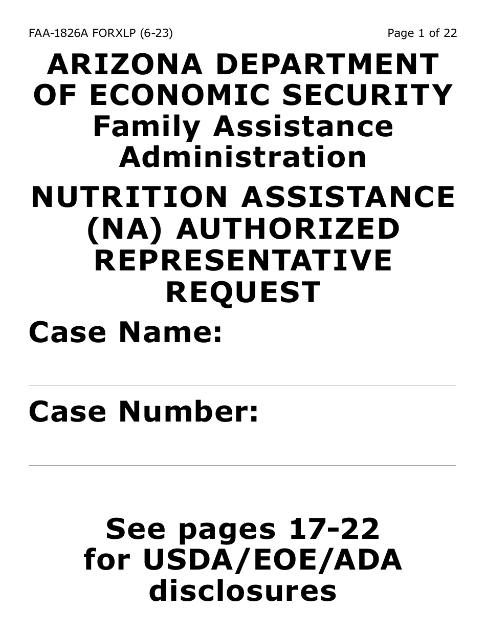Form FAA-1826A-XLP Nutrition Assistance (Na) Authorized Representative Request (Extra Large Print) - Arizona, Page 1