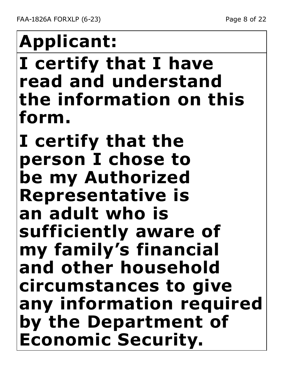 Form FAA-1826A-XLP Nutrition Assistance (Na) Authorized Representative Request (Extra Large Print) - Arizona, Page 8