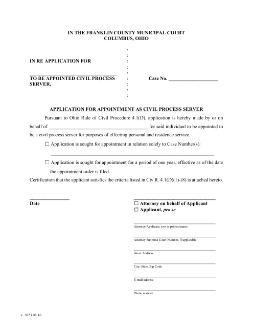 Application for Appointment as Civil Process Server - Franklin County, Ohio Download Pdf