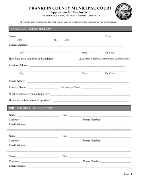 Application for Employment - Franklin County, Ohio Download Pdf