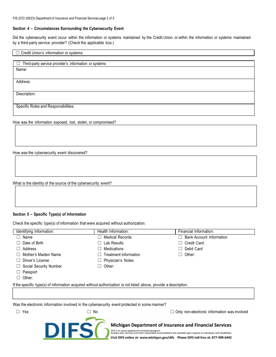 Form FIS2372 Notice of Cybersecurity Event - Michigan, Page 2
