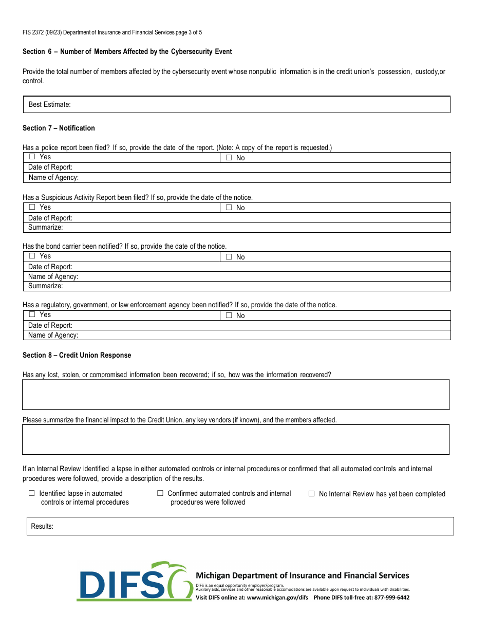 Form FIS2372 Notice of Cybersecurity Event - Michigan, Page 3