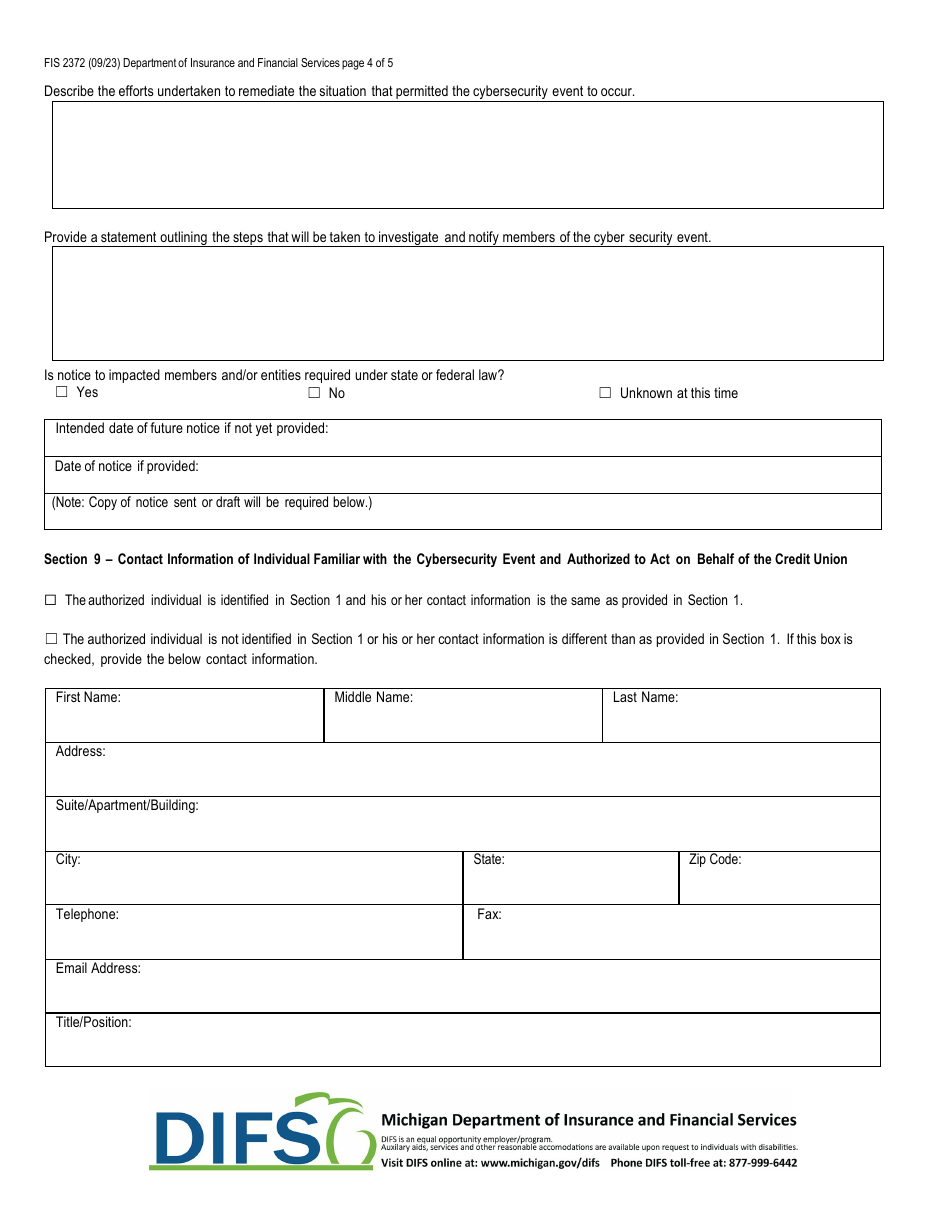 Form FIS2372 Notice of Cybersecurity Event - Michigan, Page 4