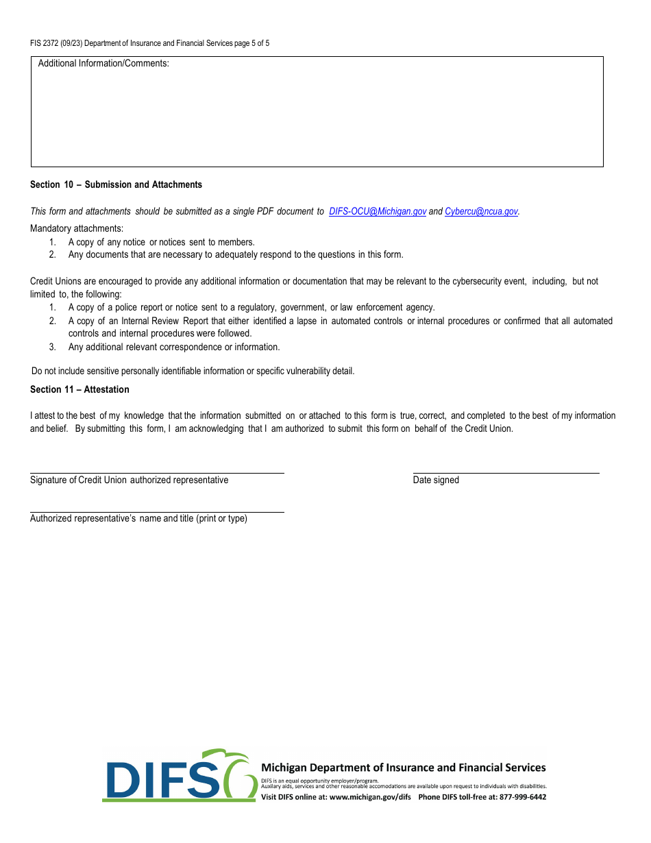 Form FIS2372 Notice of Cybersecurity Event - Michigan, Page 5