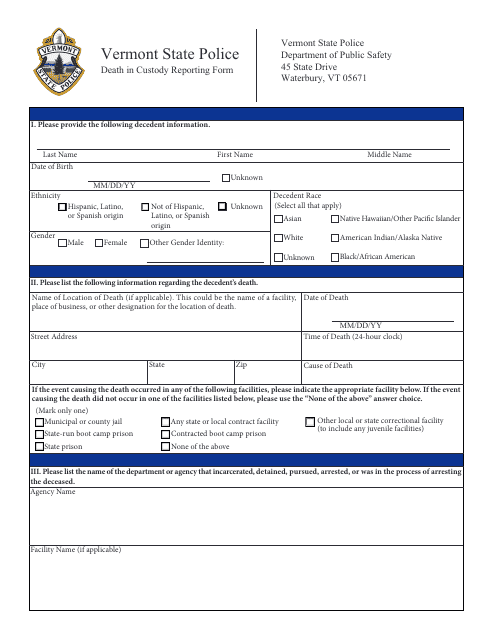 Death in Custody Reporting Form - Vermont