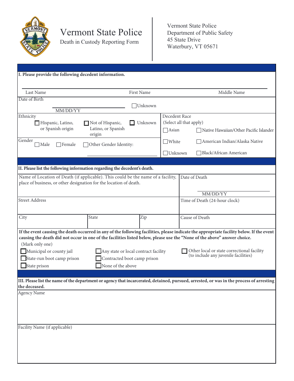 Death in Custody Reporting Form - Vermont, Page 1