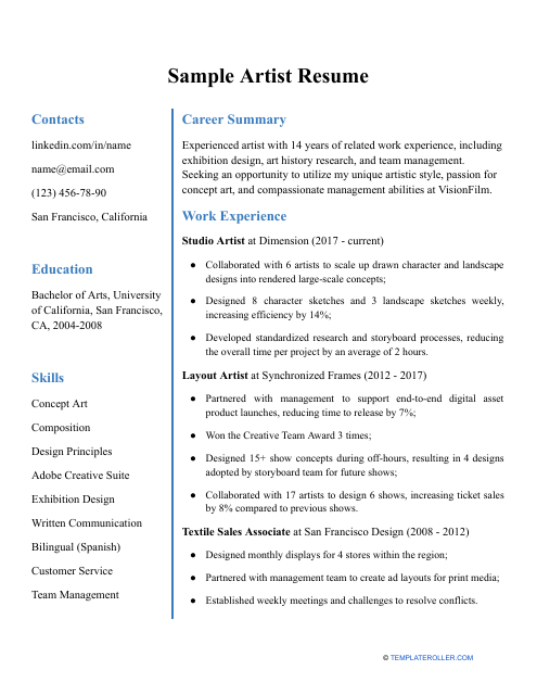 Sample Artist Resume Download Printable PDF | Templateroller