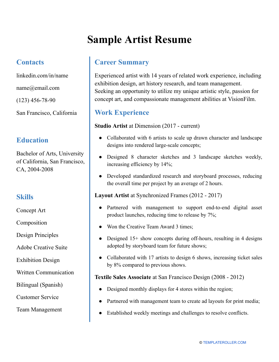 Sample Artist Resume Download Printable PDF Templateroller Sample Artist Resume Download Printable PDF Templateroller