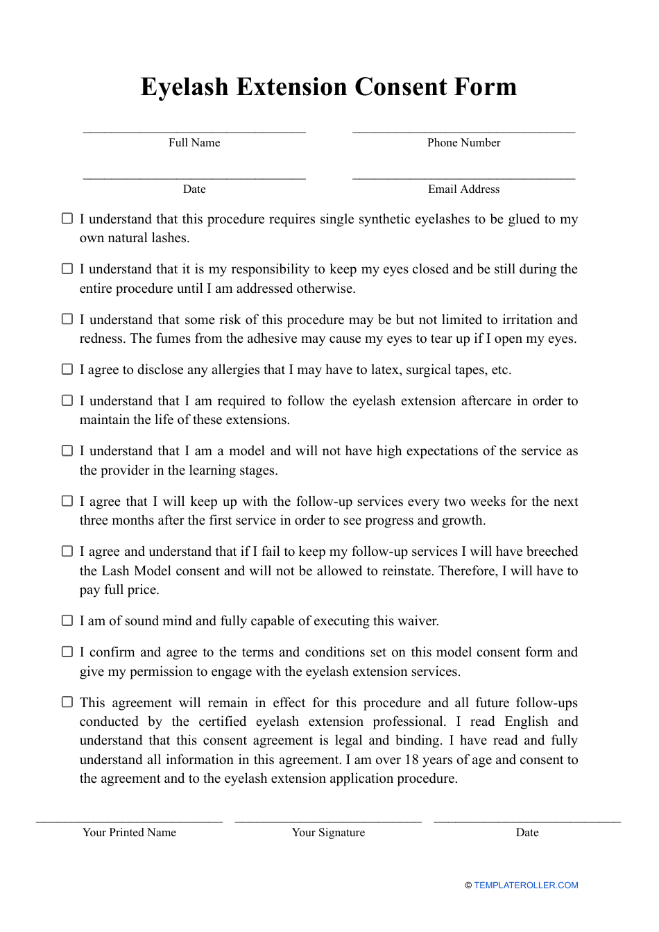 Eyelash Extension Consent Form, Page 1