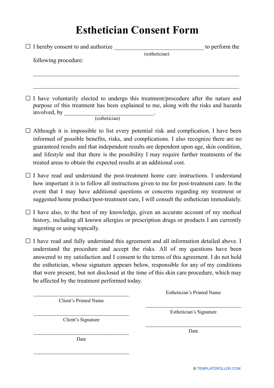 Esthetician Consent Form, Page 1