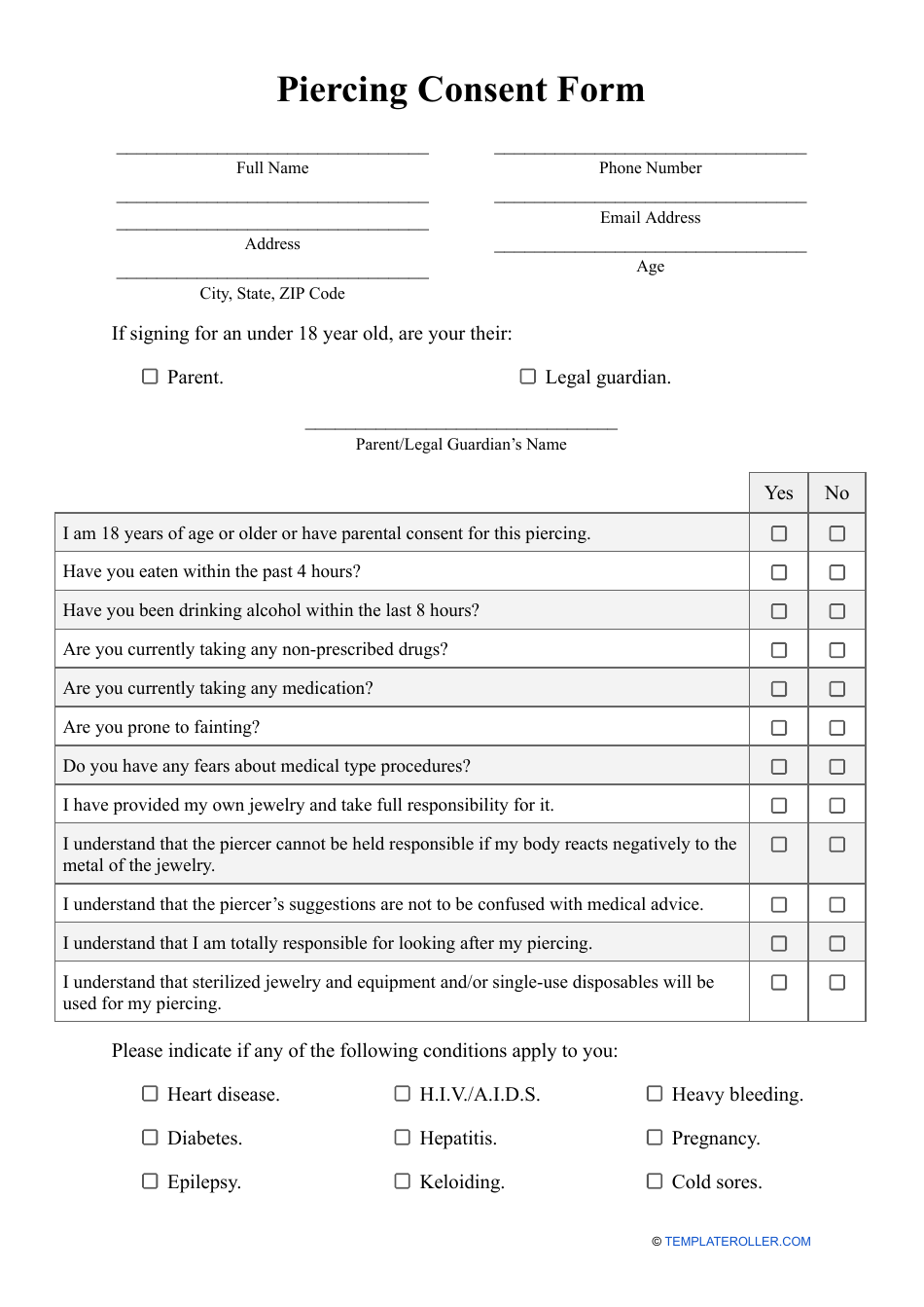 Piercing Consent Form, Page 1