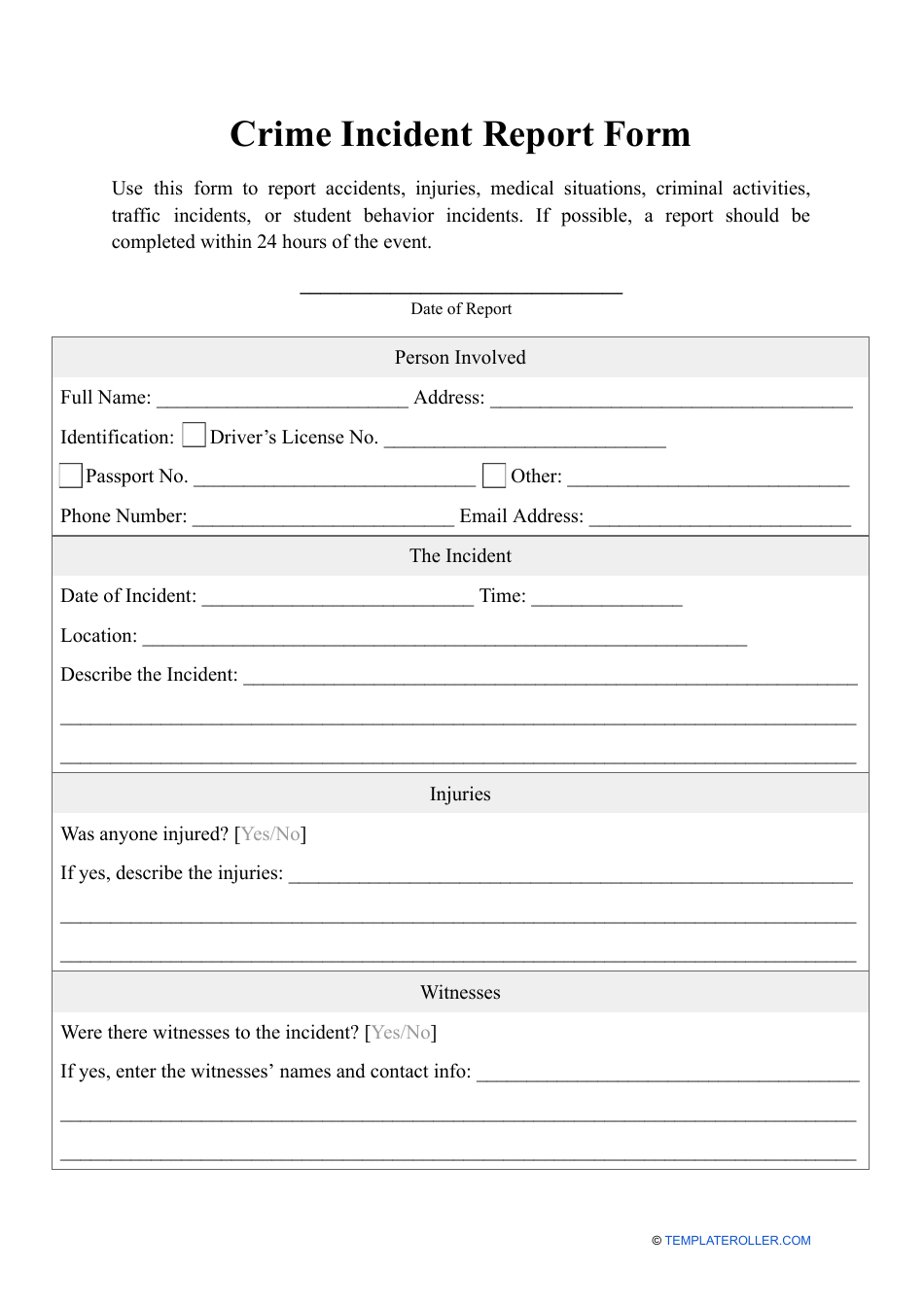 Crime Incident Report Form, Page 1