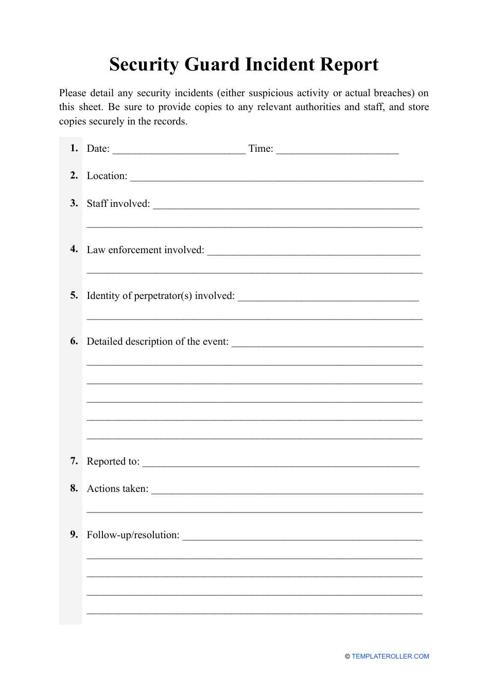 Security Guard Incident Report Template Fill Out Sign Online And Download Pdf Templateroller