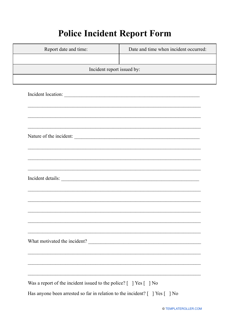 Police Incident Report Form, Page 1