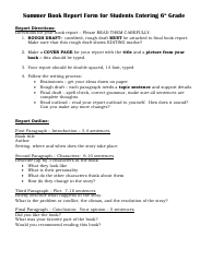 Summer Book Report Form for Students Entering 6th Grade