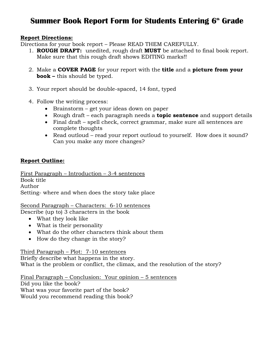 Summer Book Report Form for Students Entering 6th Grade, Page 1