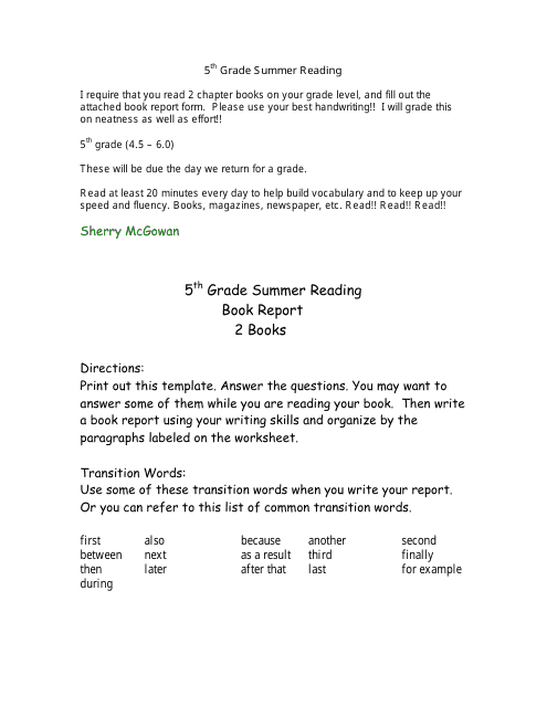 5th Grade Summer Book Report Template