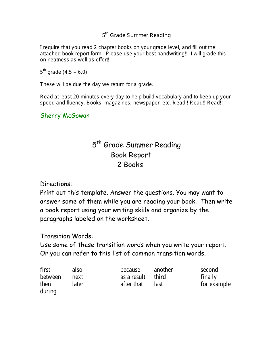 5th Grade Summer Book Report Template, Page 1