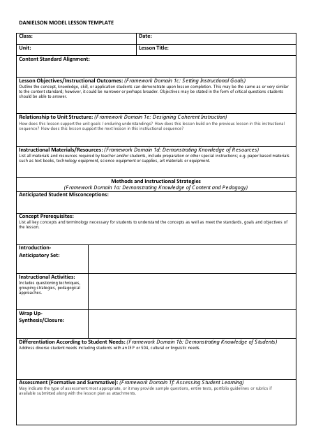 Danielson Model Lesson Template Download Printable PDF | Templateroller