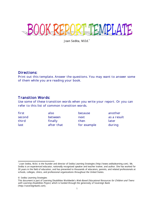 Book Report Template - Sedita Learning Strategies Download Pdf