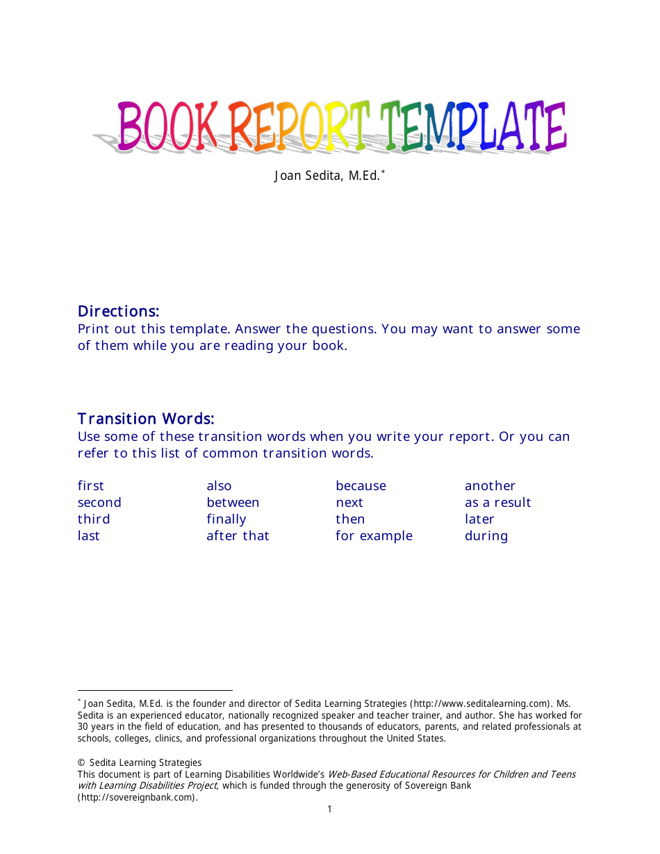 Book Report Template - Sedita Learning Strategies, Page 1