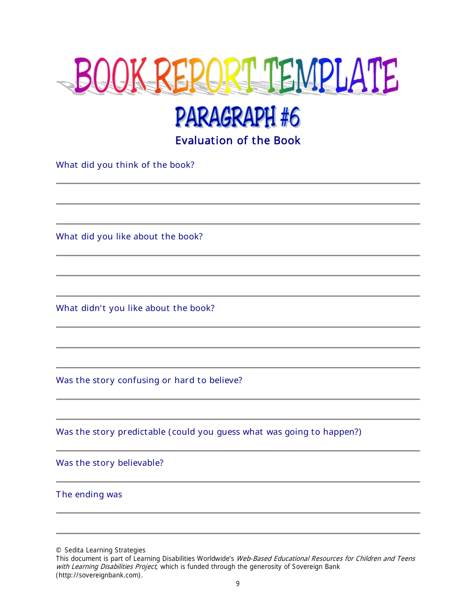 Book Report Template - Sedita Learning Strategies, Page 9