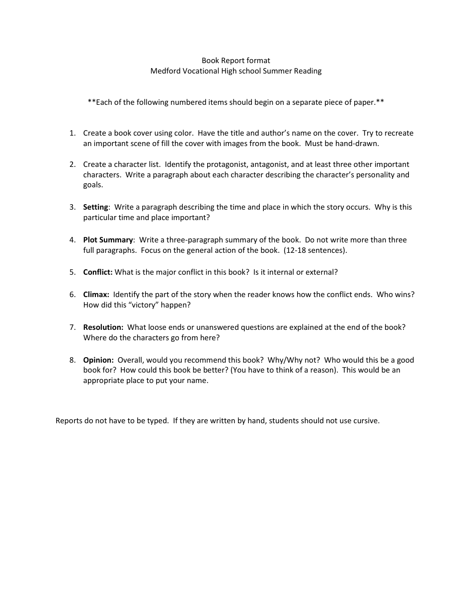 Book Report Format - Medford Vocational High School Summer Reading, Page 1