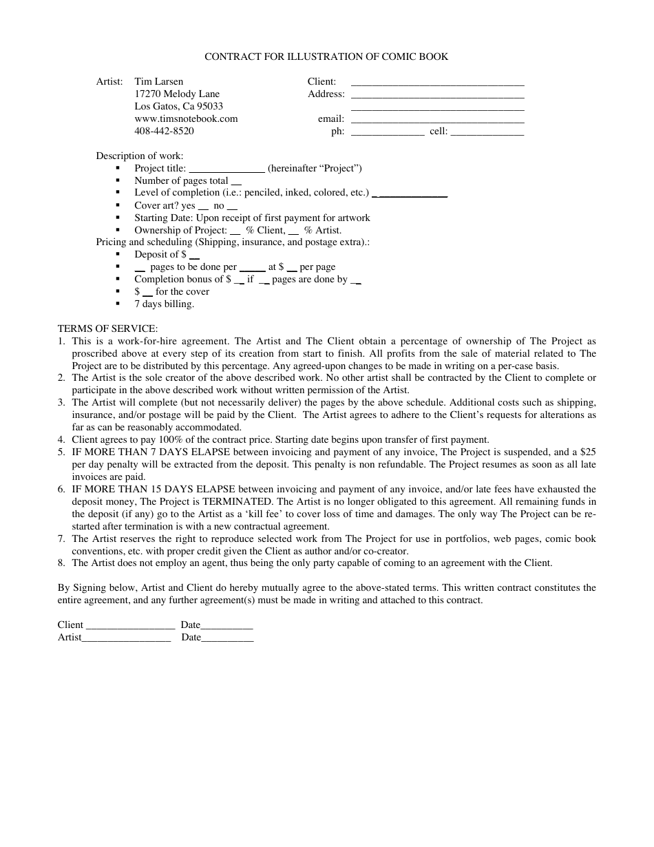 Comic Book Illustration Contract Template, Page 1
