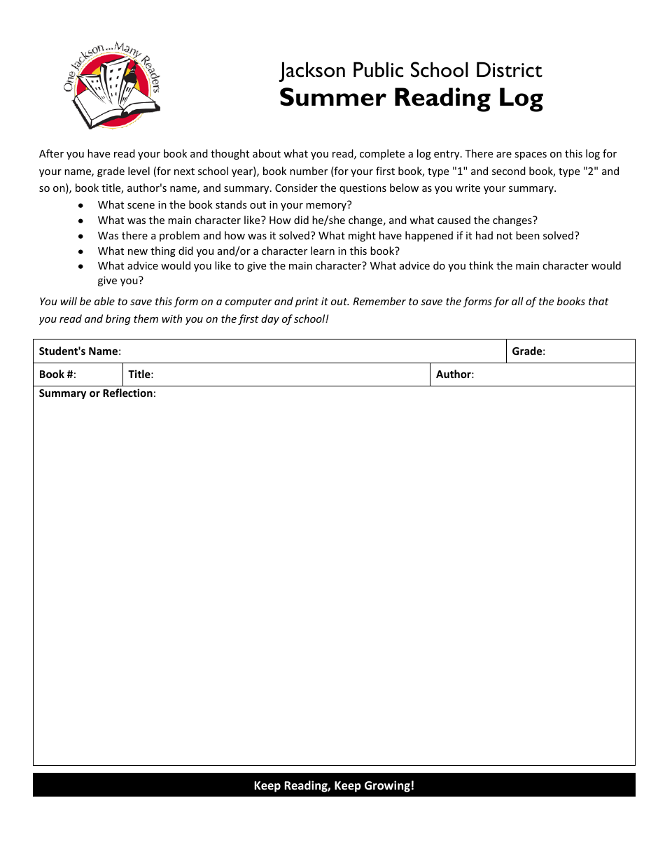 Summer Reading Log Document Preview
