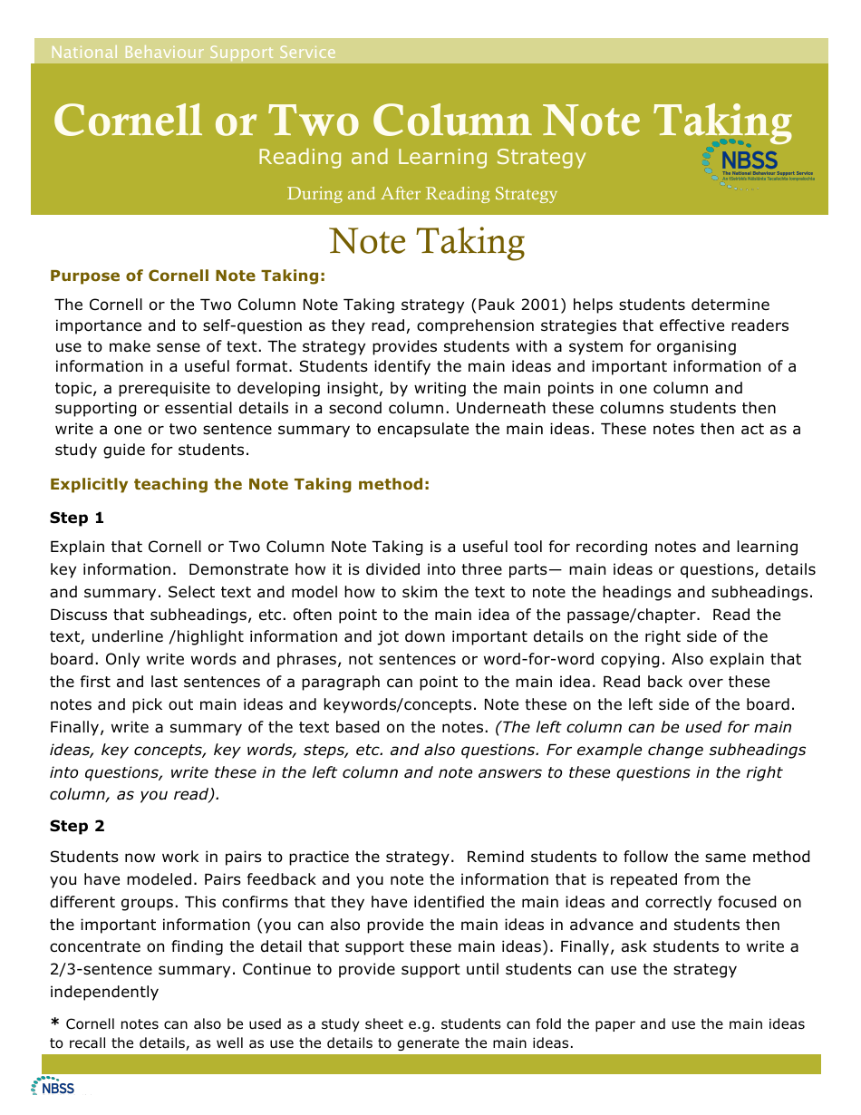 Cornell or Two Column Note Taking Reading and Learning Strategy - Ireland, Page 1