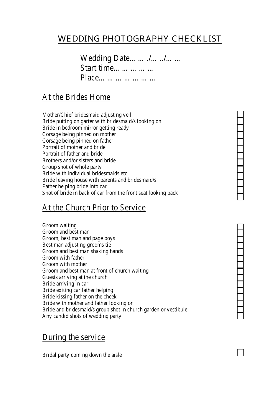 Wedding Photography Checklist- Blank document template