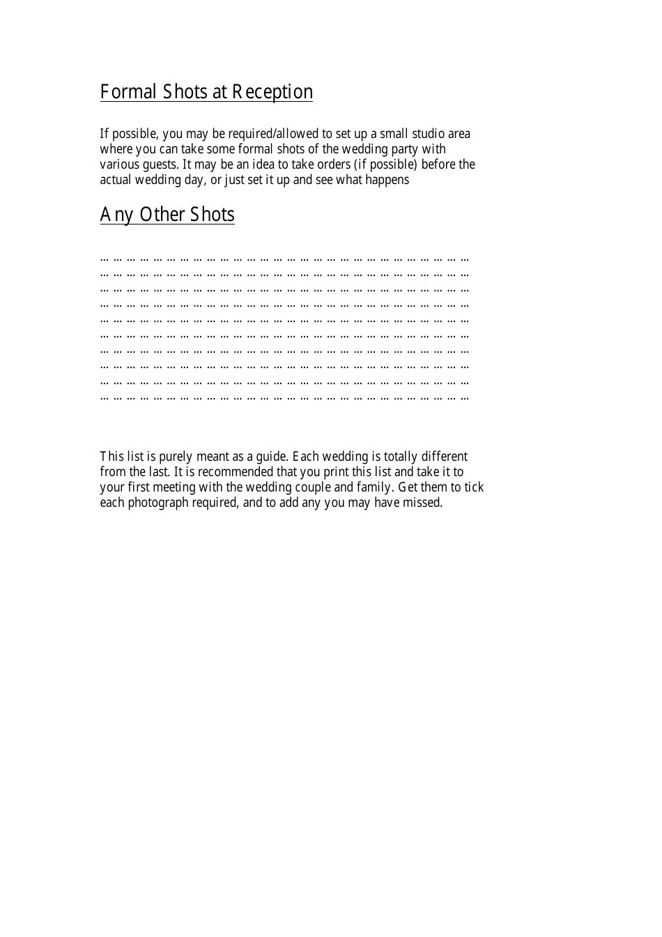 Wedding Photography Checklist, Page 4