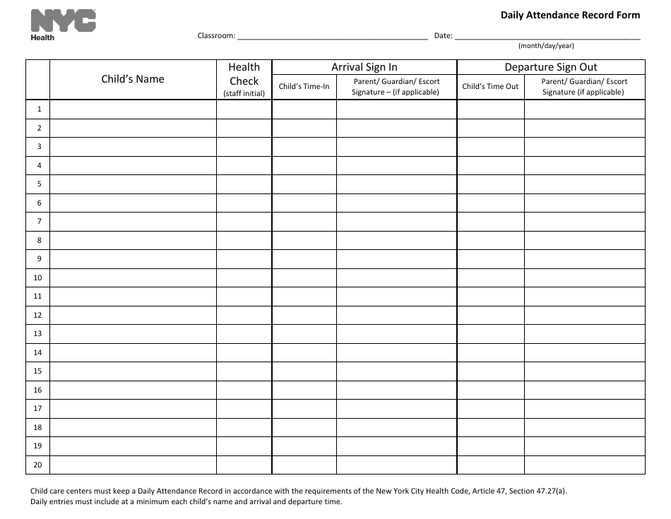 Daily Attendance Record Form - New York City, Page 1