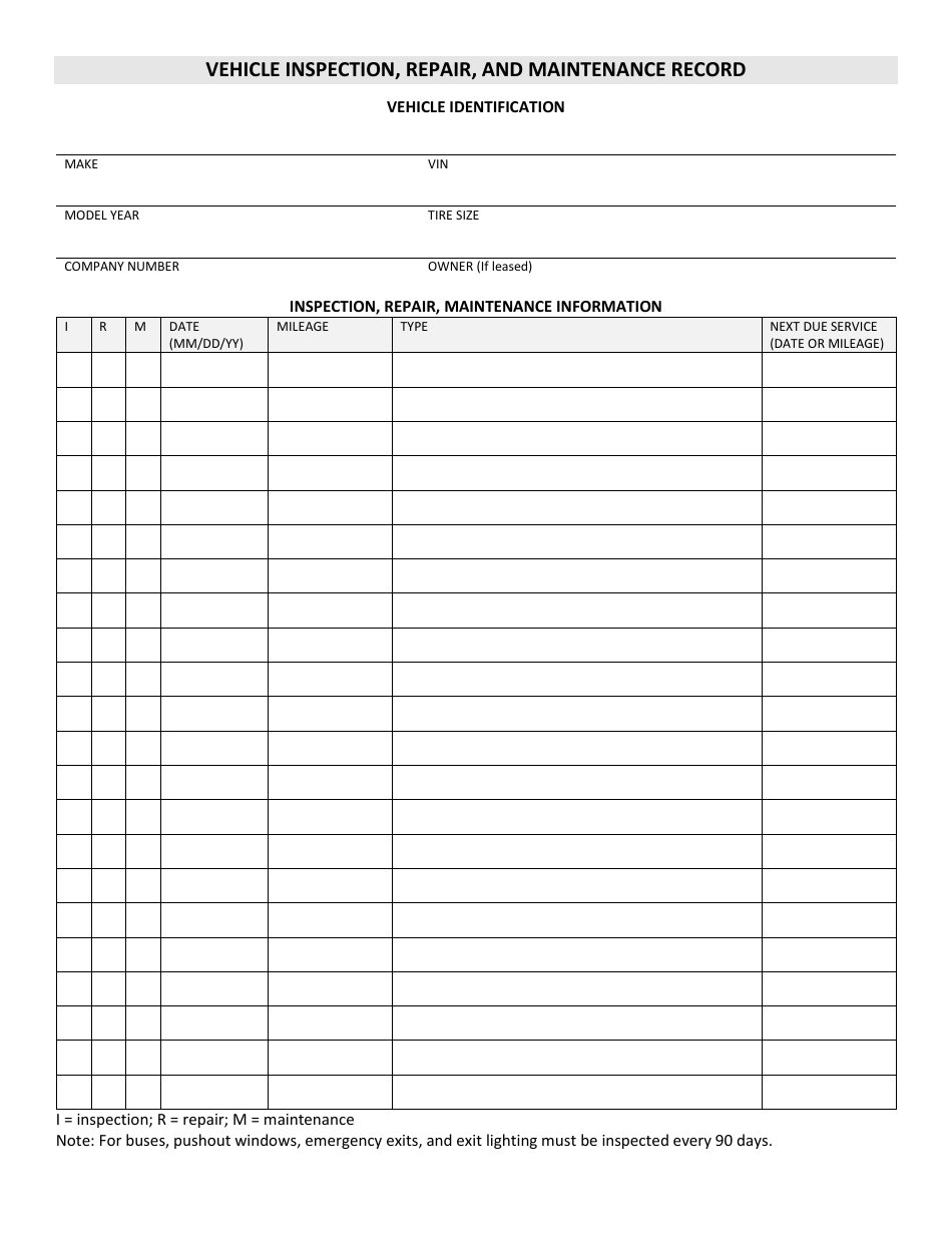 Vehicle Inspection, Repair, and Maintenance Record, Page 1