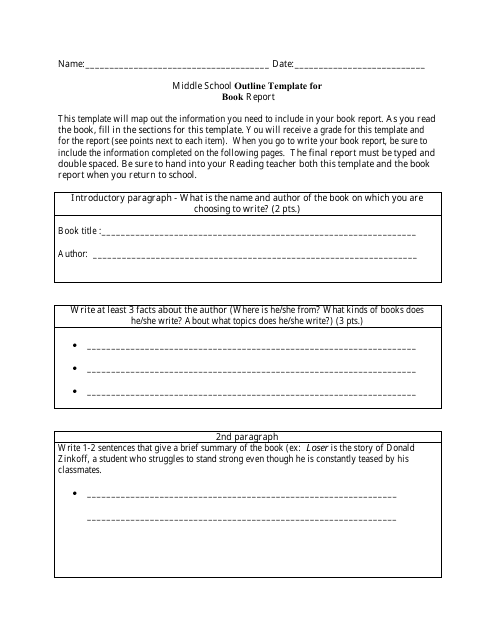 Middle School Outline Template for Book Report