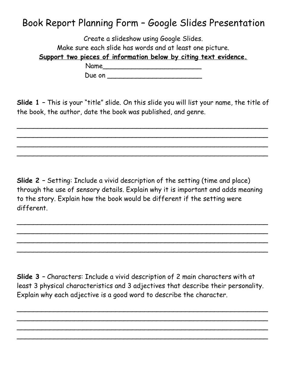 Book Report Planning Form - Google Slides Presentation, Page 1