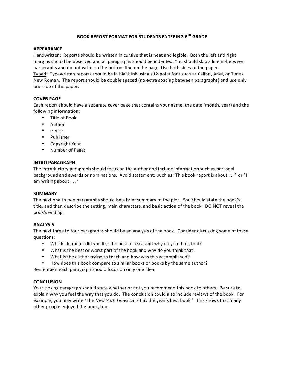 Book Report Format for Students Entering 6th Grade, Page 1