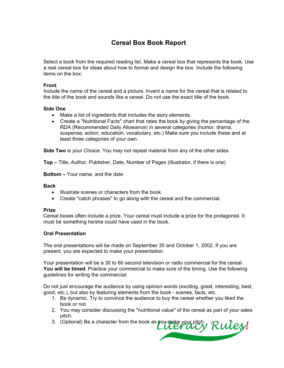Cereal Box Book Report - Literacy Rules, Page 1