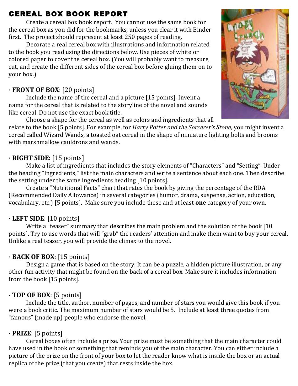 Cereal Box Book Report Format, Page 1
