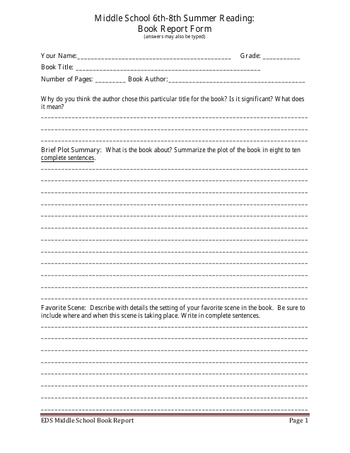 Middle School 6th-8th Summer Reading: Book Report Form Download Pdf