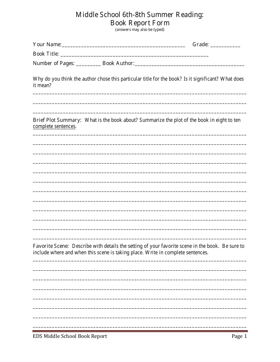 Middle School 6th-8th Summer Reading: Book Report Form, Page 1
