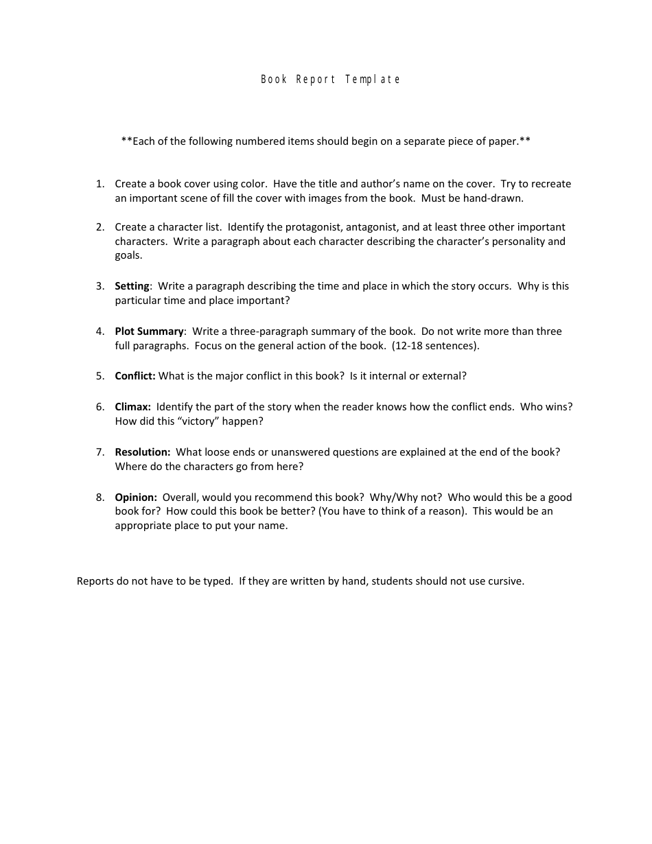 Book Report Template - Eight Points, Page 1