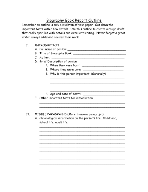 Biography Book Report Outline Template
