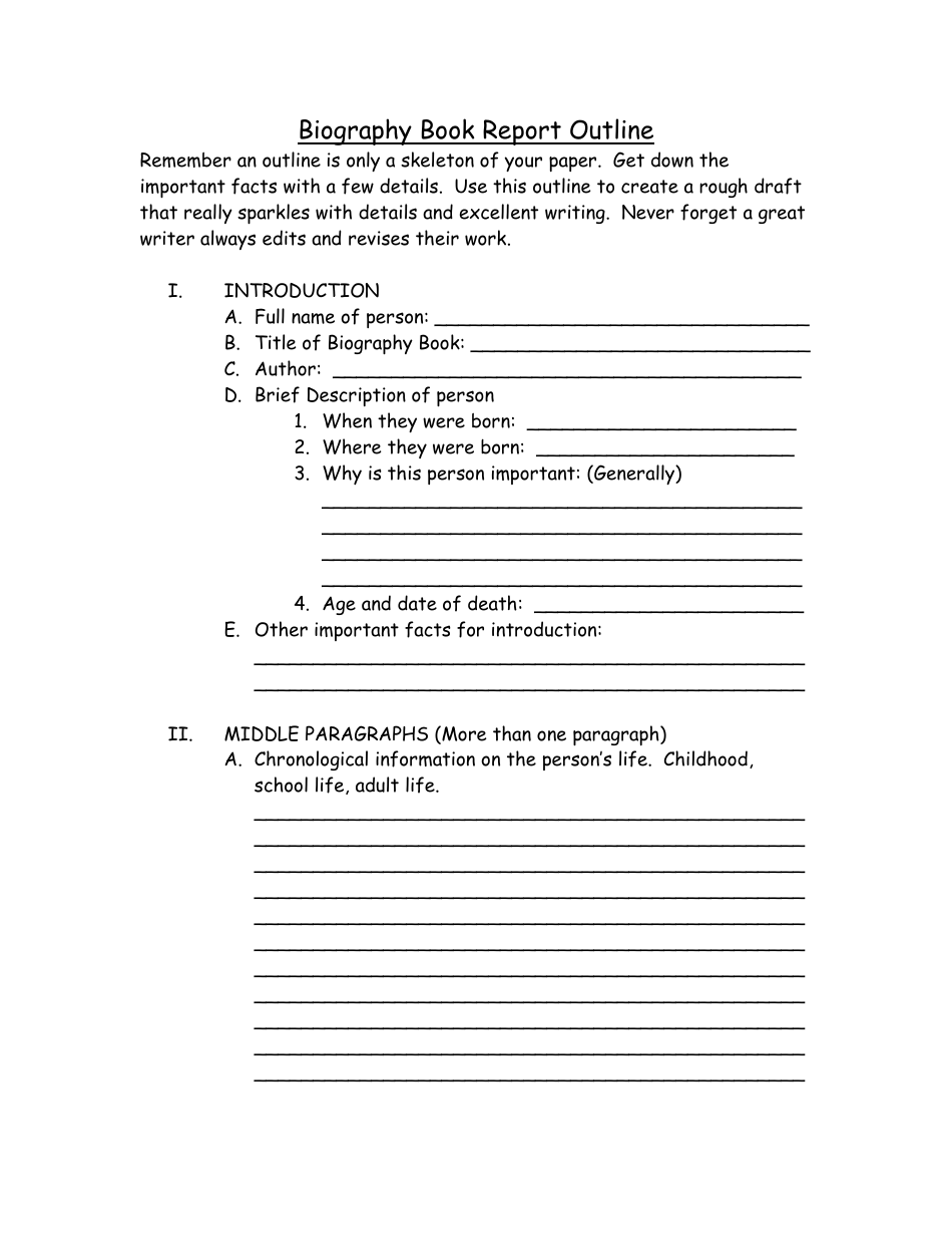 Biography Book Report Outline Template, Page 1