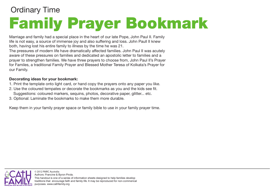 Family Prayer Bookmark Templates - Pmrc Australia